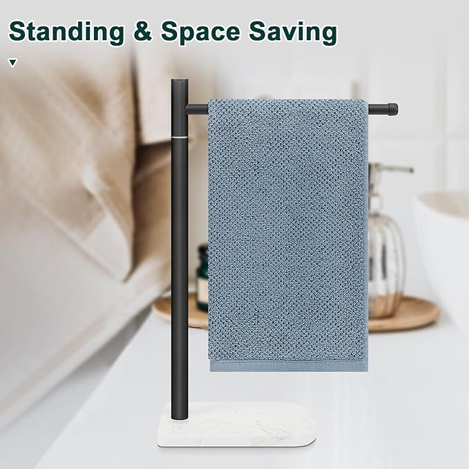Hand Towel Holder, L-Shape Hand Towel Stand with Marble Base, Stainless Steel Swivel Hand Towel Rack Standing Towel Bar for Bathroom Kitchen Countertop, 1 Arm (Matte Black)