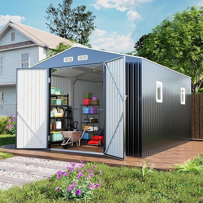 WACASA 10x10 FT Metal Shed with Base Frame Floor Kit | Heavy-Duty Military-Grade 20-Gauge Reinforced Frame with Powder Coating | 50 PSF Snow Load & 120 MPH Wind Rated | Skylight Tiny House Building