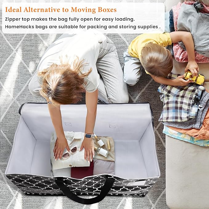 HomeHacks Heavy Duty Moving Bags with Tag Pockets, Collapsible Storage Totes for Moving, Camping & Travel -Foldable Packing Boxes, Zipper Handles, Black（4 Packs, 88L）