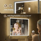20x32 Lighted Medicine Cabinet, Beveled Brushed Nickel Framed Surface or Recessed Fogless Dimmable LED Medicine Cabinet with Mirror, Outlet, Time Display and Sensor Inner Light
