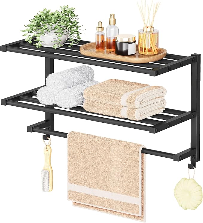 HOOBRO 23.8" Towel Rack for Bathroom, 3 Tier Towel Shelf with Tower Bars, Bathroom Storage Organizer for Towels and Toiletries, Towel Holder Wall Mounted with 2 Hooks, Black BK08LB01
