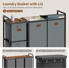 Hoctieon 4 Section Laundry Cart, 48 Gal. (182L) Laundry Hamper with Lid, Laundry Basket with Wheels, Rolling Laundry Sorter Organizer with Shelf, Clothes Separator with Removable Bags, Gray