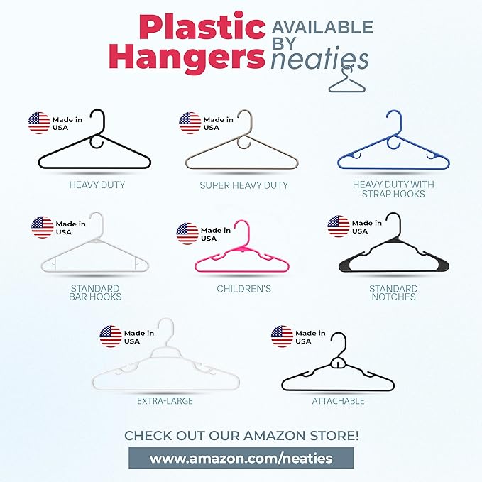 Neaties Plastic Hangers 100 Pack – Made in The USA – 6lb Capacity Standard Clothes Hangers with Strap Hooks for Dresses, Lingerie, Shirts, Pants, and Jackets – Peach