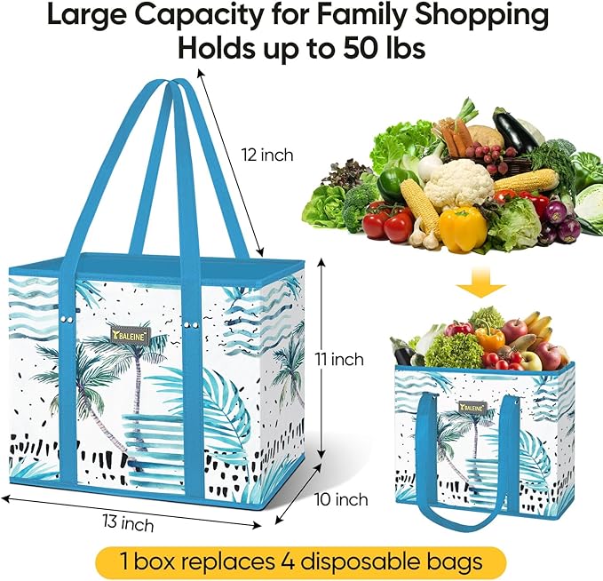 BALEINE 3Pk Reusable Grocery Bags, Foldable Shopping Bags for Groceries with Reinforced Bottom & Handles (Island Breeze)