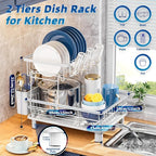 Dish Drying Rack, Stainless Steel-Dish Rack, Dish Racks for Kitchen Counter, Kitchen Dish Drainers with Removable Utensil Holder,New Drain Outlet,Plate Rack and Drainboard (White 3)