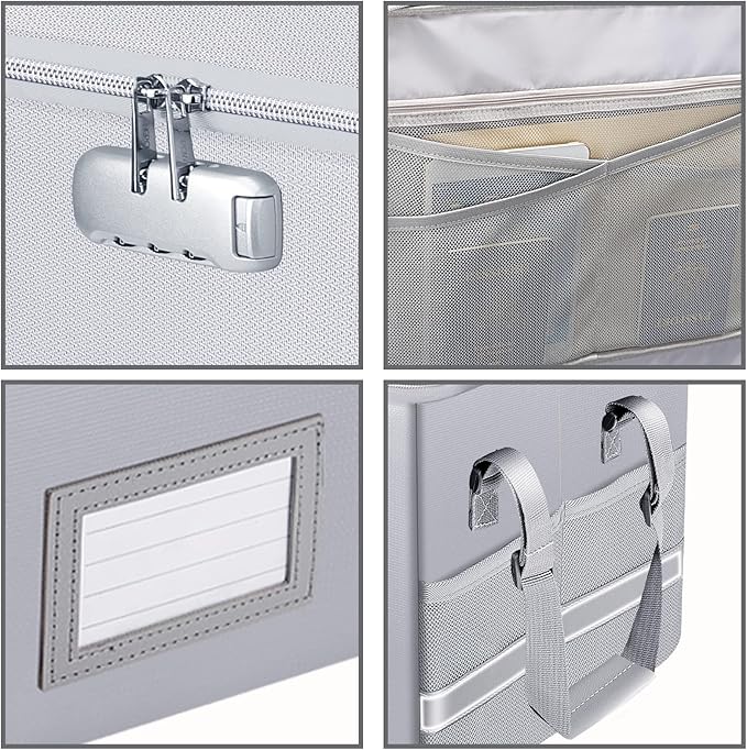 ENGPOW File Box with Lock, Fireproof Document Box with Zipper＆Pockets, Collapsible File Organizer Filing Storage Cabinet with Handle, Portable Home Office Safe for Hanging Letter/Legal Folder,Silver