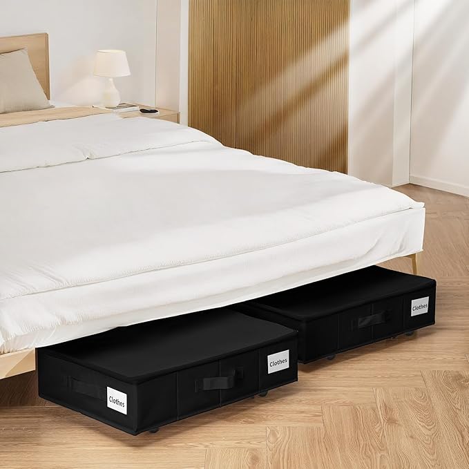 Under Bed Storage with Wheels, 2 Pack Under Bed Storage Containers with Label Holders for Clothes, Shoes and Blankets, Rolling Underbed Shoe Organizer with Cover, Black (23.6 x 15.7 x 7.28 in)