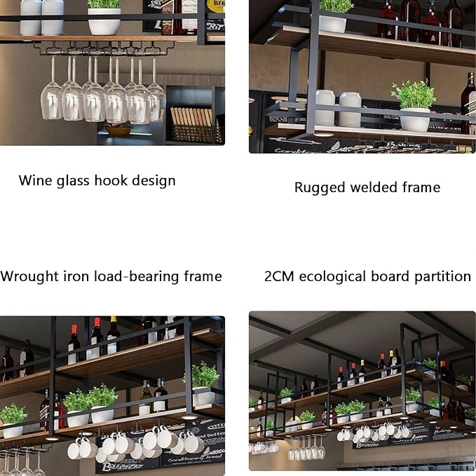 Ceiling Wine Glass Holder - Hanging Wine Rack, Ceiling Mounted Storage Rack, Wrought Iron Solid Wood Bar Display Rack, LOFT Hanging Decorative Rack(120X30X50CM)