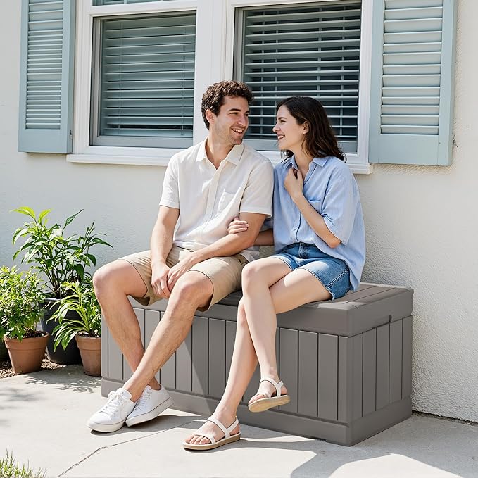 Devoko 78 Gallon Deck Box, Waterproof Resin Outdoor Storage Box for Outside and Patio, Outdoor Storage Bench Lockable for Patio Furniture, Garden Tools and Pool Supplies (Light Brown, 78 Gallon)