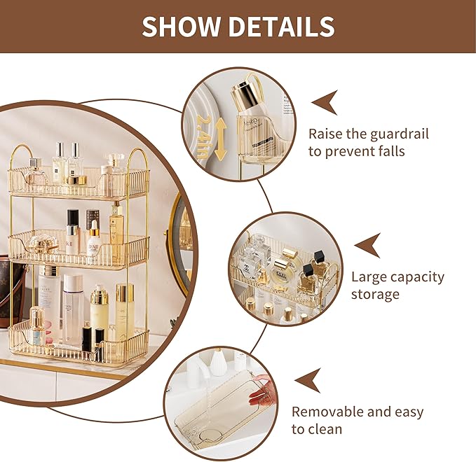 3 Tier Bathroom Organizer Countertop Makeup Perfume Tray Skincare Organizer for Bathroom Dresser Vanity (Gold)
