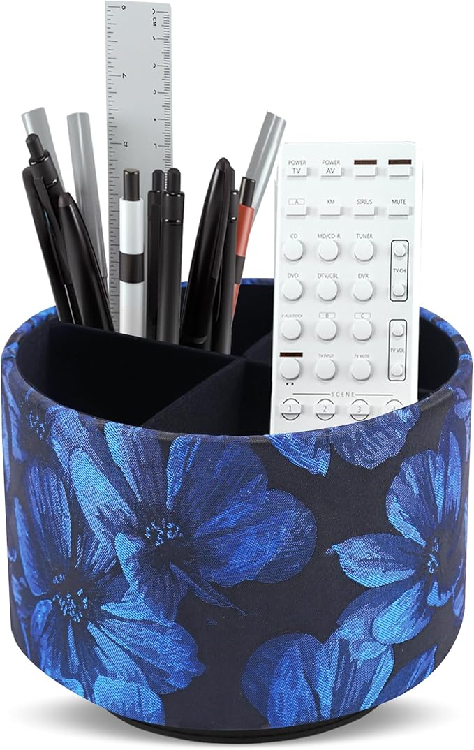 QIELIZI Round Leather Art Supply Organizer,Remote Control Holder,360 Degree Rotating,Multi-Functional Pencil Holder,4 Compartments Desktop Stationary Organizer(1-Dahlia Dark Blue)