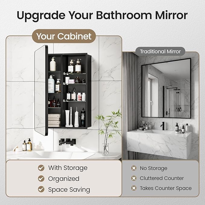 Medicine Cabinet 20x26 Inch, Black Aluminum Bathroom Mirror Cabinet with Storage, 6 Adjustable Glass Shelves, Rust Proof, Recessed or Surface Mount Wall Cabinet, Soft Close Hinge