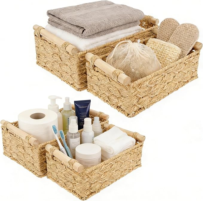 4PCS Toilet Paper Basket Decorative Woven Basket with Wood Handle Multipurpose Toilet Paper Bin for Home Bathroom Living Room Office