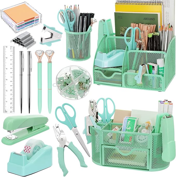 17 in 1 Green Desk Organizers and Accessories Set, 3 Office Desk Supplies Storage Organization, 4 Pens, Stapler, Staples & Remover, Tape & Dispenser, Scissors, Ruler, Clips, Hole Punch, Back to School