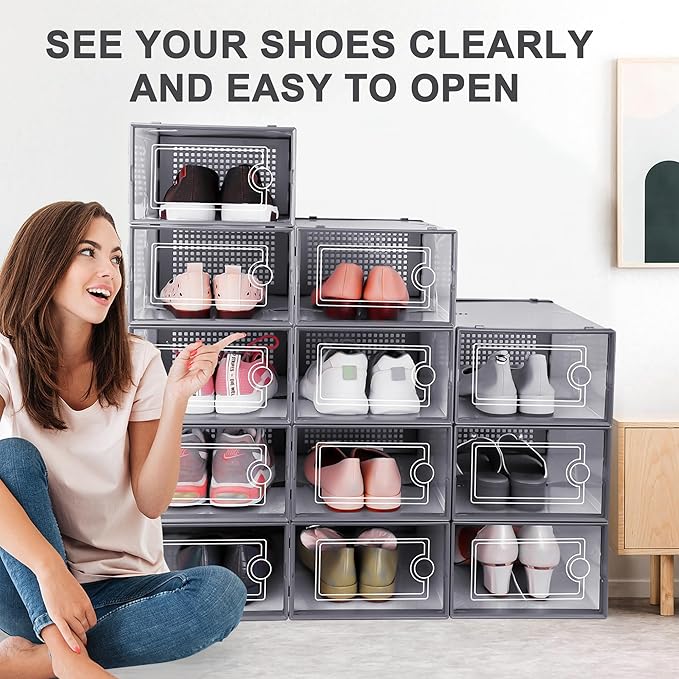 Kuject Large Shoe Organizers Storage Boxes for Closet, 12 Pack Clear Plastic Stackable Storage Bins with Lids, Under Bed Shoe Containers for Entryway, Drop Front, Fit up to Women's Size 10,Dark Gray