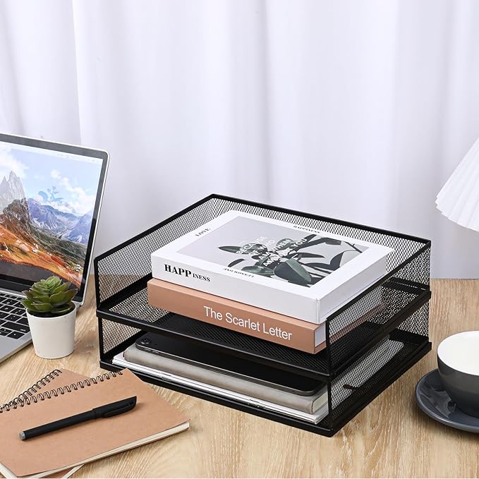 2 Pack Stackable Letter Tray, Wire Mesh Desk File Organizer Metal Desktop Paper Sorter Desk Tray Document Magazine Storage Basket for Home Office Supplies - Transverse Load, Black