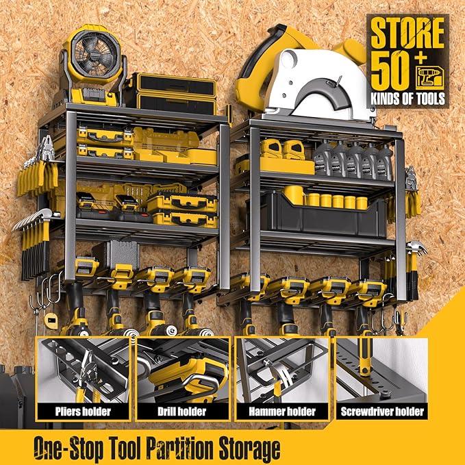 Power Tool Organizer Wall Mount, Heavy Duty 420LB with 8-Slot Drill Holder - All-in-One Garage Storage for Workshop, Christmas Gift for Men, Dad, DIYers, 15 Min Quick Assembly