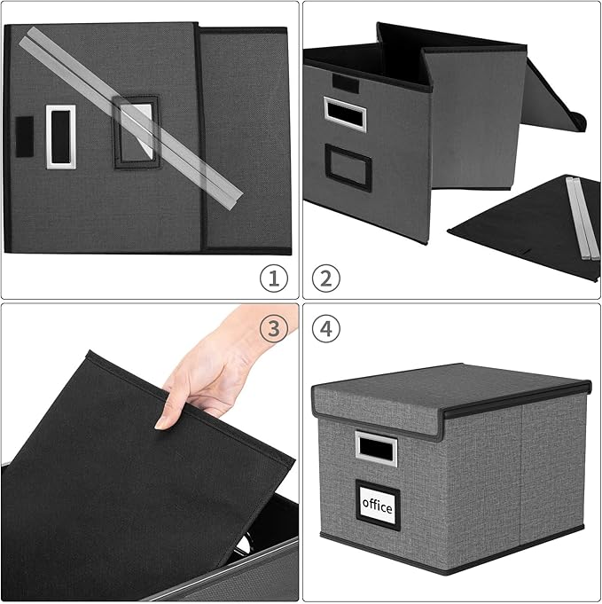 Huolewa File Organizer Box with Lid, Collapsible File Folder Organizer for Office Document Storage, Filing Box with Plastic Slide for Letter/Legal Size Hanging Files, Dark Grey