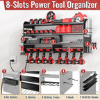 Large Power Tool Organizer Wall Mount with Charging Station, 4 Layer Heavy Duty Metal Cordless Tool Organizer, Tool Storage Rack with 8 Cordless Drill Holder Screwdriver Hammer(Black)