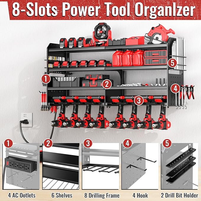 Large Power Tool Organizer Wall Mount with Charging Station, 4 Layer Heavy Duty Metal Cordless Tool Organizer, Tool Storage Rack with 8 Cordless Drill Holder Screwdriver Hammer(Black)