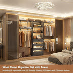 Aheaplus Closet System with 4 Drawers, 8FT Wood Closet Organizer System, 96’’ Closet Built In System Tower with Shelves, Walk-in Closet Wardrobe Clothes Garment Rack, Fits Spaces 4-9 ft, Black Oak