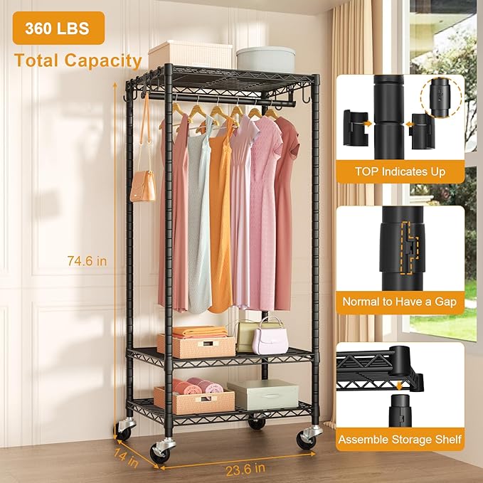 FUTASSI P6 Mini Rolling Clothes Rack Heavy Duty, Clothing Racks for Hanging Clothes, Freestanding Garment Rack with Wheels, Portable Closet Rack Max Load 360LBS, 23.6''W x 14''D x 74.6''H, Black