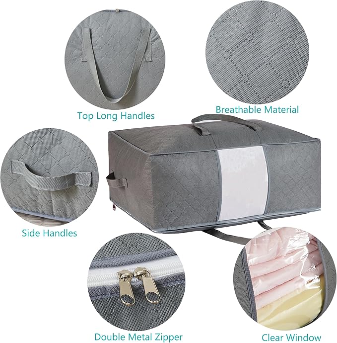 105L Extra Large Storage Bags for Blankets, King Comforters, Bedding, Clothes, Pillows, Sheets - Closet Organizers and Storage with 4 Handles & Clear Window, Foldable & Breathable (Grey, 6pack)