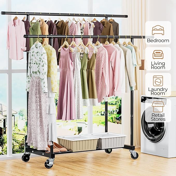 Abiglifty Double Rods Clothes Rack for Hanging Clothes, Clothing Rack with Wheels, Portable Closet Organizer for Laundry, Room (Black)