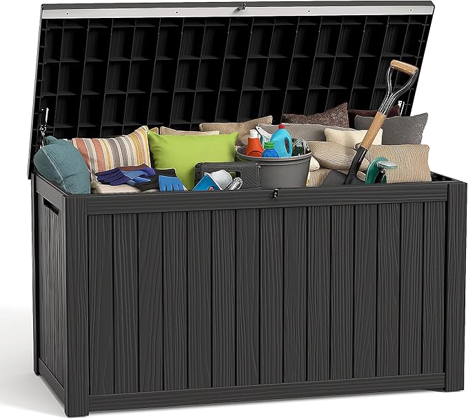 ROJIK Outdoor Storage Housing Deck Box - Waterproof Patio Furniture, Garden Tools, Cushions, Pool Accessories Storage Bench with Lockable Lid and Side Handles (Black, 200 Gal)