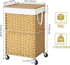 Chrislley 90L Slim Laundry Hamper with Wheels, Rolling Laundry Basket with Lid and Renovable Liner Bag, Handwoven Rattan Organizer for bedroom, bathroom, laundry room (Yellow)