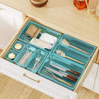 WOWBOX 40 PCS Plastic Drawer Organizer Set, 4 Sizes Desk Drawer Organization and Storage Containers for Makeup, Cosmetics, Jewelry and Gadgets in Kitchen, Bathroom, Bedroom, Office, Clear Sea Blue