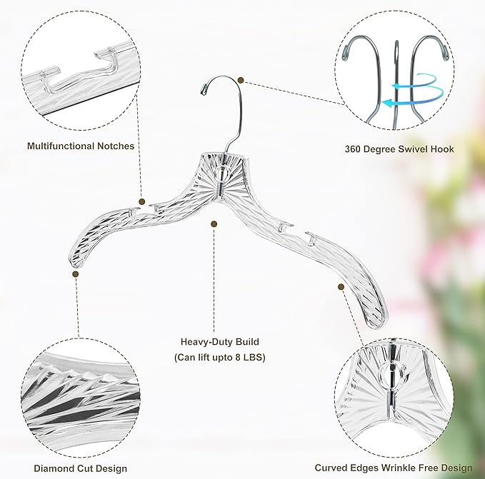 Quality Clear Plastic Hangers 12 Pack - Durable Crystal Cut Heavy Duty Hangers for Clothes, Shirts, Suits, Coats, Dresses