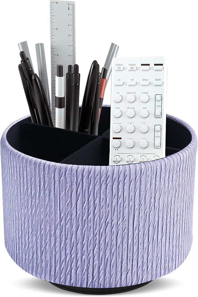 Hennaja Round Leather Art Supply Organizer,Remote Control Holder,360 Degree Spinning,Multi-Functional Pencil Holder,4 Compartments Desktop Stationary Organizer(1-Vertical Wood Purple)