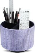 Hennaja Round Leather Art Supply Organizer,Remote Control Holder,360 Degree Spinning,Multi-Functional Pencil Holder,4 Compartments Desktop Stationary Organizer(1-Vertical Wood Purple)