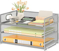 Subekyu 3 Tier Paper Desk Organizer with Handle and 1 PC Slideable Letter Tray, A4 Paper File Folder Sorter Metal Mesh Organizer for Home Office School Desk Supplies Organization Storage, Silver