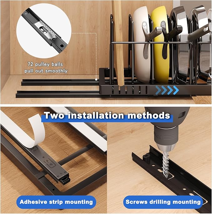 2 Pack Pots and Pans Organizer Under Cabinet, 21.6" Deep Pull Out Pot Lid Organizer Holder with Guardrail Adhesive Pot and Pan Holder Rack with 10 Adjustable Dividers(Black)