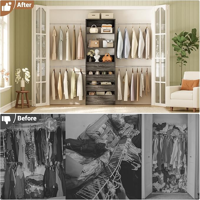 Aheaplus Closet System, 4-9 Ft Closet Organizer with 4 Wooden Drawers, Wood Closet Organizer System with Tower, Walk-in Closet Organizer Wardrobe Clothes Rack with 4 Hanging Rods, Black Oak