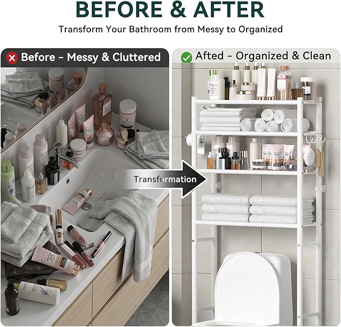 4-Tier Over The Toilet Storage, 200lb Total Capacity Metal Bathroom Organizer with 36" Clearance, Includes Paper Holder & 4 Hooks, Space Saving Rack for Bathroom Laundry Room (64" H, White)