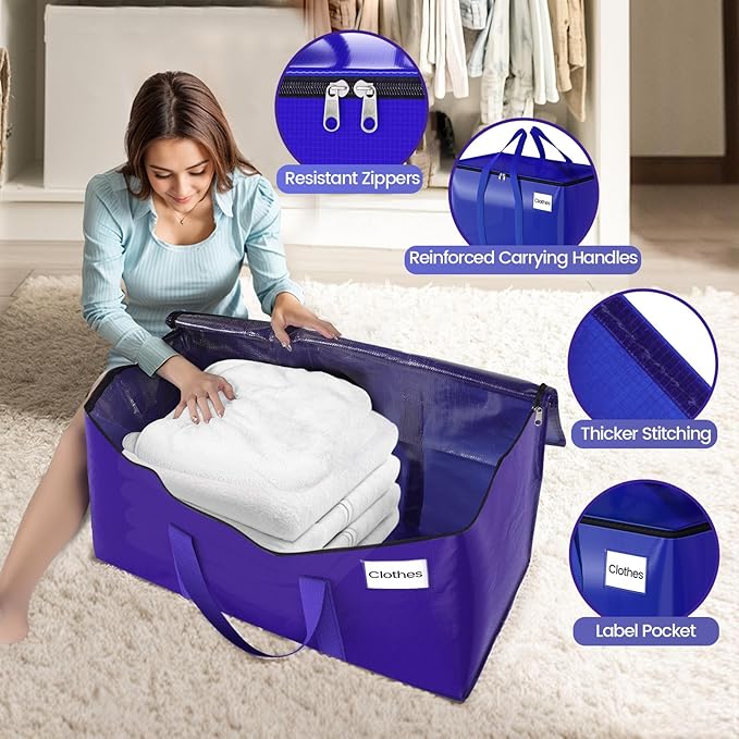 10Pack Moving Storage Bags, Moving Supplies Packing Boxes for Moving, Camping, College Dorm Room Essentials for Girls, Blue Tote Bags, 76L Heavy-Duty Storage Bins With Lids And Zippers