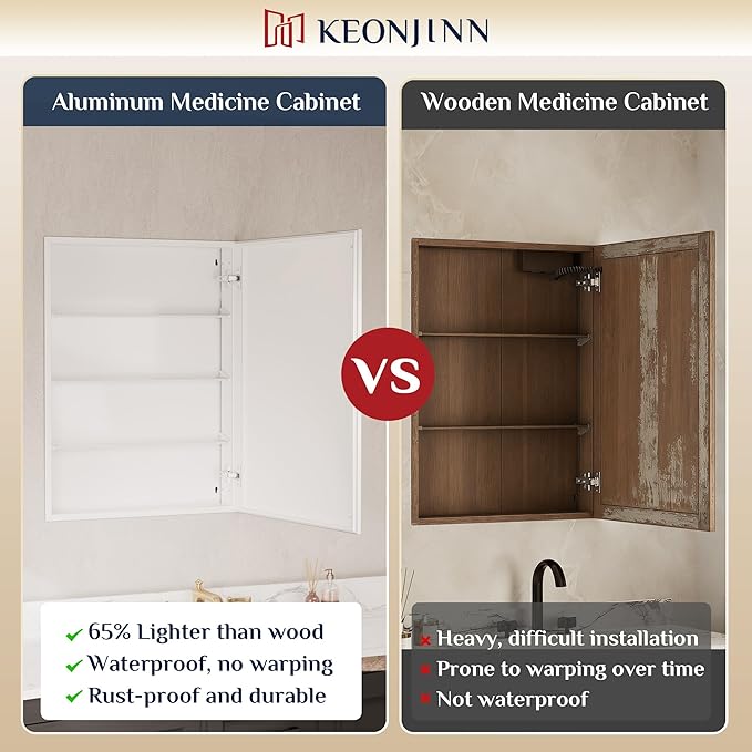 Keonjinn White Medicine Cabinet Mirror 24" x 32", Assembly Needed, Recessed Medicine Cabinet with Mirror for Bathroom, Beveled Framed, Surface Wall-Mounted or Recessed, Tempered Glass