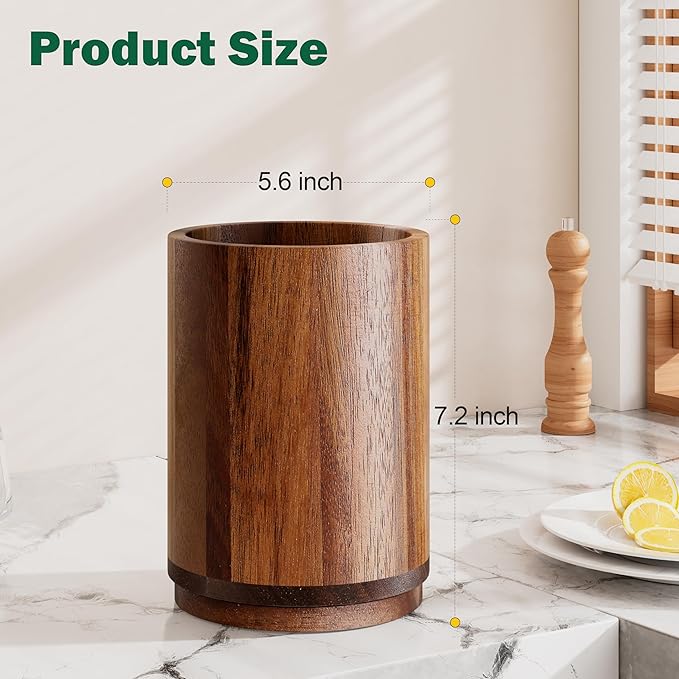 Utensil Holder, Acacia Wood Kitchen Utensil Holder for Countertop, 360°Rotating Cooking Utensil Crock for Kitchen Counter, 7.2" Large Utensil Organizer for Spatula