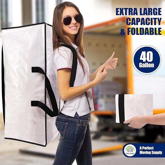 Cosy Family 8 Pack Heavy Duty Extra Large Moving Bags with Backpack Straps - Strong Handles & Zippers, Storage Totes For Space Saving, Fold Flat, Alternative to Moving Box (40 gal, Clear)