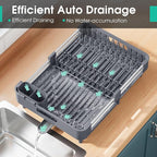 TOOLF Dish Drying Rack with Drainboard, Extendable Dish Rack for Kitchen Counter, Expandable Dish Drainer, Dish Strainer, Foldable Home Countertop Plate Storage Rack with Cutlery Holder, Gray