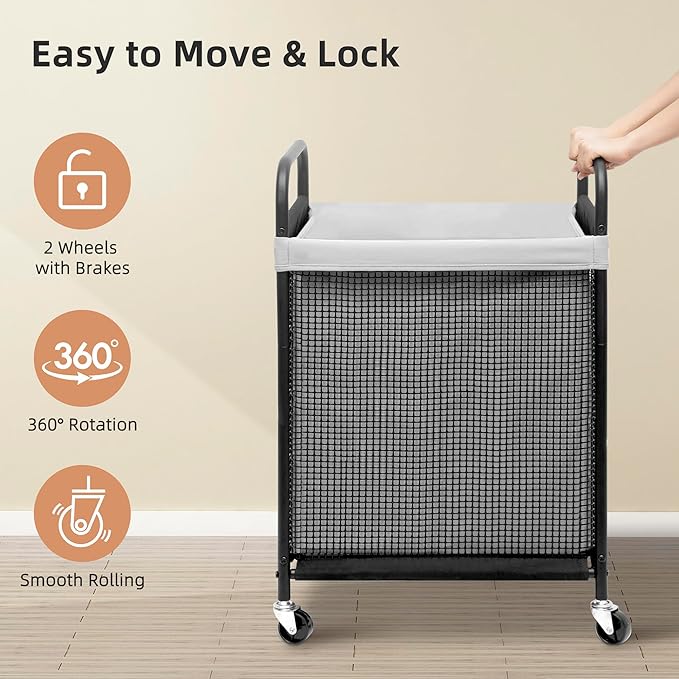 STORAGE MANIAC Rolling Laundry Hamper with Wheels 2-Section Laundry Sorter Rolling Laundrys Basket on Wheels with Removable Bag Clothes Hamper Laundrys Organizer Cart Bathroom Bedroom 100L Grey