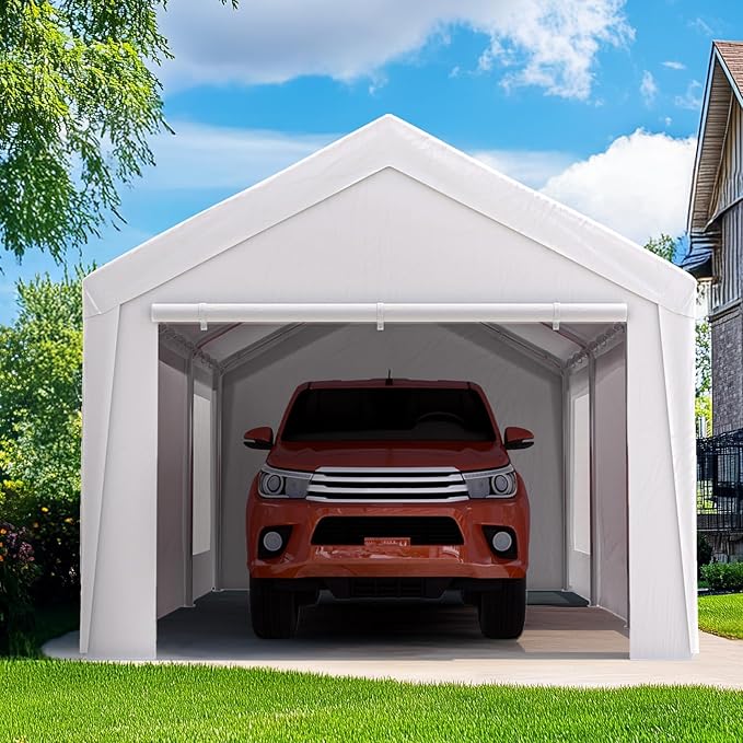 Quictent 10x20 FT Heavy Duty Upgraded Carport, Reinforced Galvanized Outdoor Garage Canopy Tent with Roll-up Ventilated Windows & Sidewalls, Weatherproof Shelter for Car, Boat, RV - White