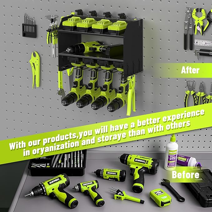 Heavy Duty Drill Holder & Power Tool Organizer Wall Mount, Metal Cordless Tool Organizer for Cordless Drill, Accessory Holder Rack (3L4D WITH CHARGING STATION (BLACK), With Charging Station)