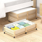 Bamboo Under Bed Storage Containers- Underbed Organizer with Wheels with Large Capacity Dust Bag,Sturdy Wood Rolling Under Bed Shoe Storage Organizer 2 Packs (Nature, 2 Packs (33.07"×16.54"))