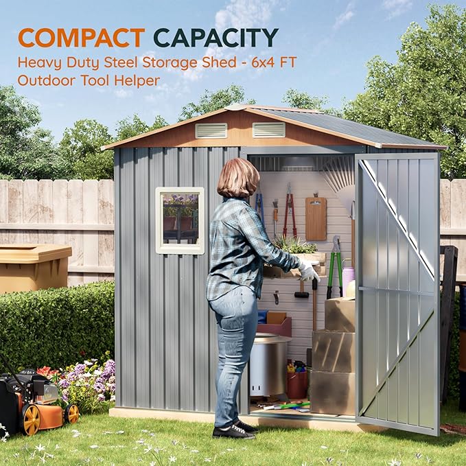 6x4FT Multi-used Shed & Outdoor Storage Shed, Steel Tool Shed with Lockable Doors,Window,Vent,Compact Metal Tool Garden Shed for Garden, Backyard, Patio, Lawn and Various Storage(Matte Gray)