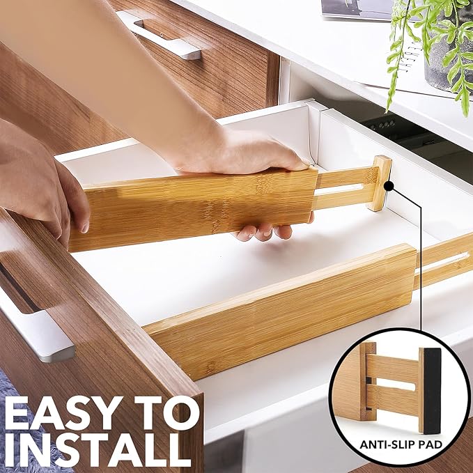 SpaceAid 4 Pack Bamboo Drawer Dividers with Labels, Kitchen Adjustable Drawer Organizers, Expandable Organization for Home Clothes Dressers (17-22 in, Natural)