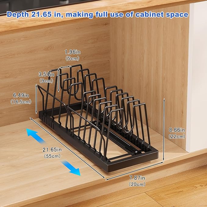 2 Pack Pots and Pans Organizer Under Cabinet, 21.6" Deep Pull Out Pot Lid Organizer Holder with Guardrail Adhesive Pot and Pan Holder Rack with 10 Adjustable Dividers(Black)